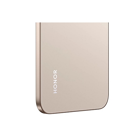 Nahaufnahme eines Smartphones mit abgerundeten Ecken. Der goldfarbene Rücken zeigt den HONOR-Schriftzug.