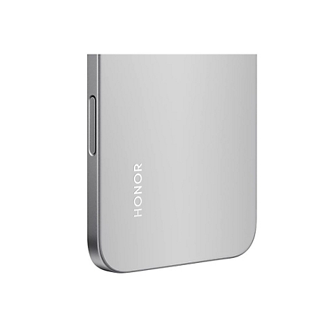 Nahaufnahme eines silbernen Smartphones mit dem Schriftzug "HONOR".