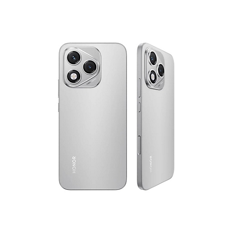 Silbernes Smartphone mit drei Kameras, Marke HONOR. Ansicht von vorne und von der Seite.