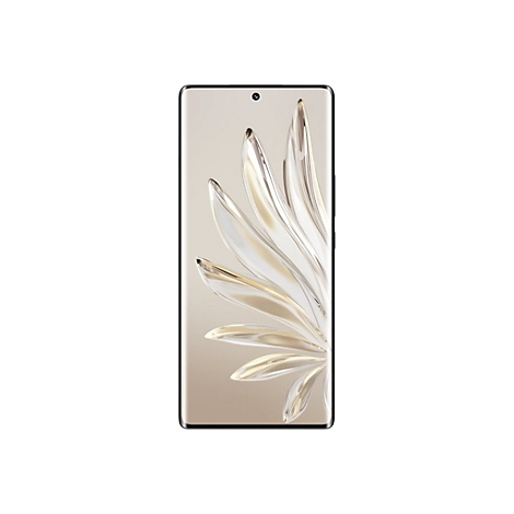 Smartphone mit goldfarbenem Display. Auf dem Bildschirm ein Muster aus Blütenblättern. Schwarzer Rahmen und Kamera oben.