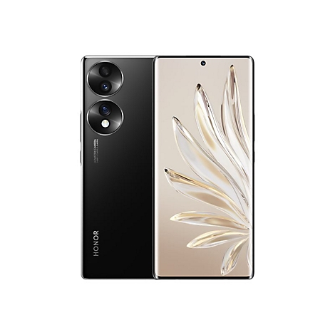 Schwarzes Smartphone mit zwei Kameras und Bildschirm, floralem Muster.