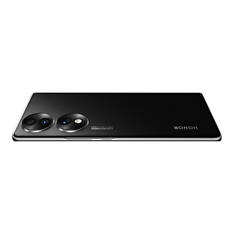 Schwarzes Smartphone, Rückansicht, zwei Objektive, darunter HONOR-Logo.
