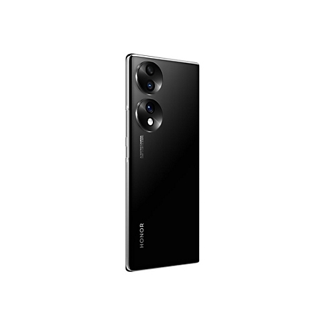 Schwarzes Smartphone im 3/4-Profil. Zwei runde Kameralinsen. HONOR-Logo unten. AI Matrix Camera Schriftzug.