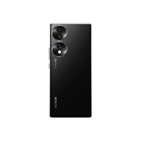 Schwarzes Smartphone, Rückseite, oben zwei kreisförmige Kameraobjektive, darunter ein Objektiv. Firmenlogo und Schriftzug.