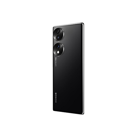 Schwarzes Smartphone, zwei Objektive, Honor Logo, silberner Rahmen.