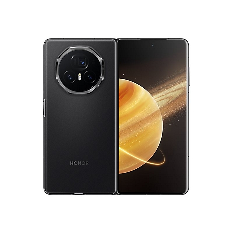 Schwarzes, zusammengeklapptes Smartphone, Rückseite und Display sichtbar. Auf der Rückseite das Honor-Logo und eine runde Kamera.
