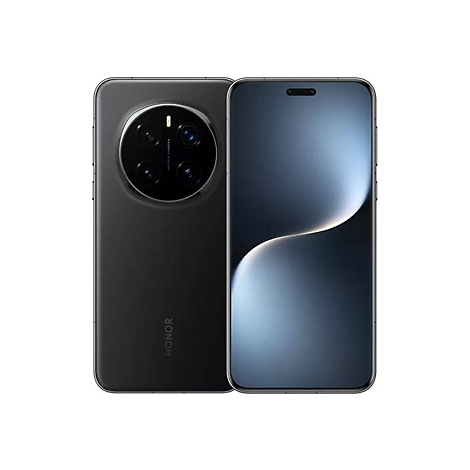 Schwarzes Smartphone, Vorder- und Rückseite. Auf der Rückseite Kamera, auf der Vorderseite Display. HONOR-Logo.