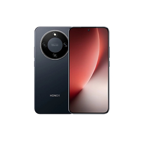 Dunkelgraues Honor Smartphone mit rundem Kameramodul auf der Rückseite und leuchtendem Display.