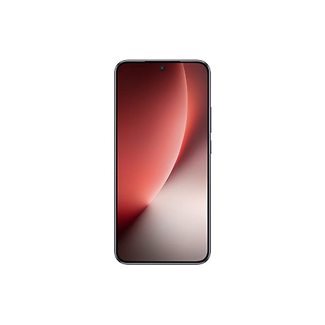 Schwarzes Smartphone von vorne mit einem roten, abstrakt gemusterten Displayhintergrund vor weißem Hintergrund.