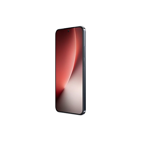 Modernes Smartphone in dunklem Rahmen mit rotem, abstraktem Hintergrund auf dem Display.