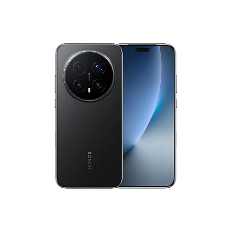 Schwarzes HONOR Smartphone, Vorder- und Rückseite gezeigt, mit kreisförmigem Kameramodul auf weißem Hintergrund.