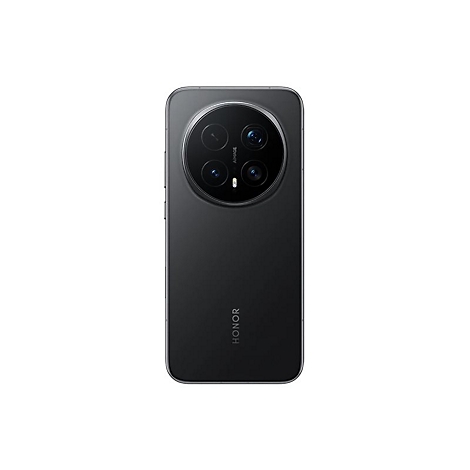 Rückseite eines schwarzen Honor Smartphones mit großem, rundem Kameramodul oben mittig vor weißem Hintergrund.