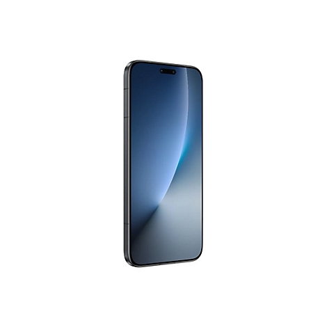 Dunkles Smartphone in Seitenansicht mit leuchtendem, blauem Display vor weißem Hintergrund.