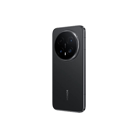 Schwarzes Honor Smartphone in der Seitenansicht mit großem, rundem Kameramodul auf der Rückseite.