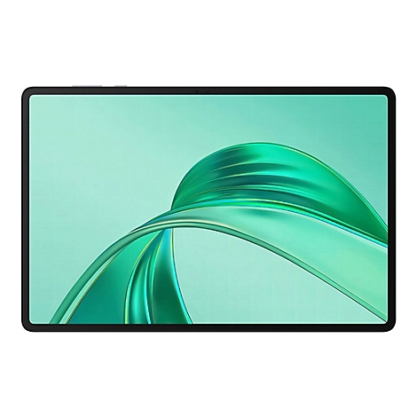 Schwarzes Tablet mit breitem Bildschirm, grünem Hintergrund und abstraktem Design.