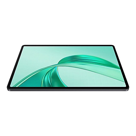 Draufsicht auf ein schwarzes Tablet. Das Display zeigt eine grüne, abstrakte Grafik.