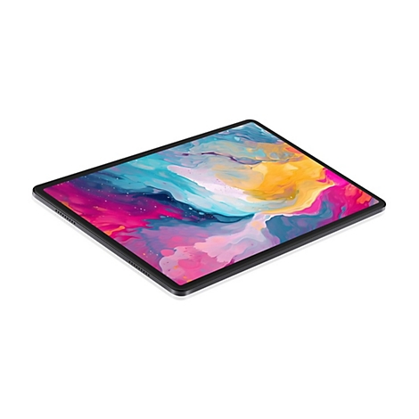 Schwarzes Tablet in diagonaler Perspektive, Bildschirm zeigt abstraktes, farbenfrohes Muster.