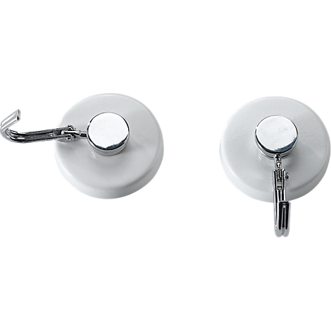 Two white magnetic hooks with silver hooks. Both are round and have a small, silver center.