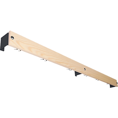 Wooden coat rack with hooks, attached to metal brackets.