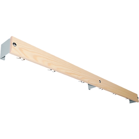 Light wooden clothes rail with hooks. The holder is white, the hooks are silver.