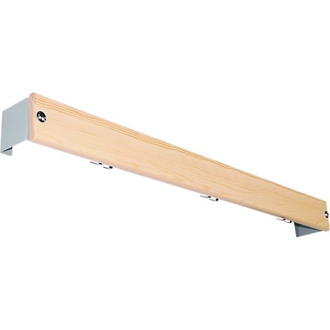 Wooden curtain rod with gray brackets. The rod is light brown and has metal hooks for the curtains.