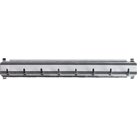 An elongated, silver metal part with multiple rectangular recesses and a series of small, black details.
