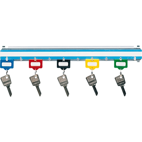 Key rack with five colored tags and keys.