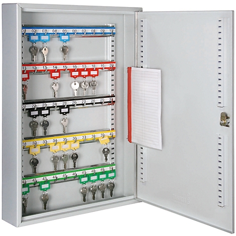 Opened grey key cabinet with coloured labels and keys. Notepad inside.