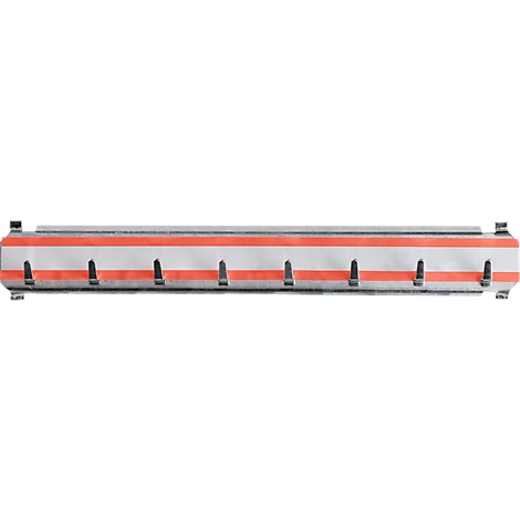 Elongated, white and red object with dark struts evenly distributed.