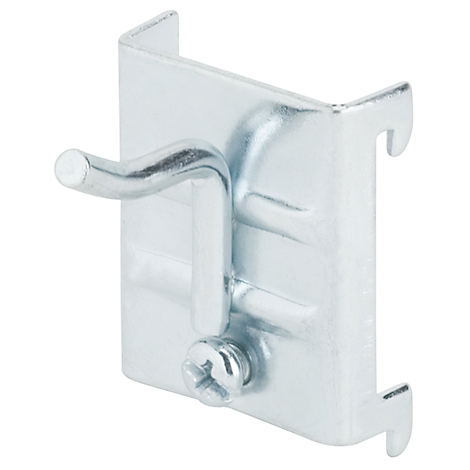 A silver wall-mounted hook. It has a curved hook, a bracket, and a screw.