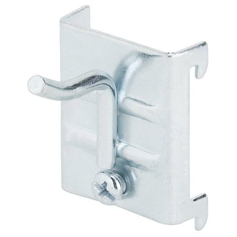 Metal hook with screw for hanging. The metal is silver-colored and has a curved hook.