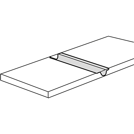 Gray, elongated recess in a gray board, perspectively depicted. The board has a flattened edge.