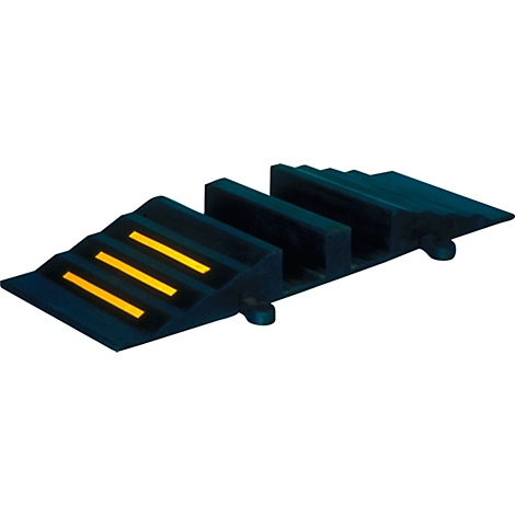 Black cable bridge with yellow reflectors. Ramps and steps mark the sides.