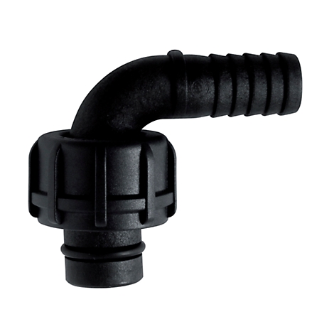 Black plastic elbow connector. One end has a curved connector, the other a ribbed hose connector.