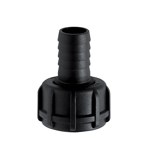 Black plastic hose connector with ribbed top and round connection.