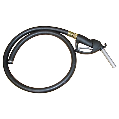 Black fuel nozzle with hose, isolated on white background.