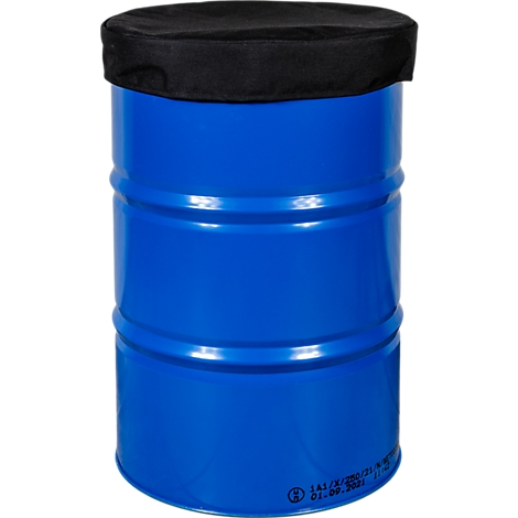 Baril en métal peint en bleu avec couvercle noir, vue détaillée.