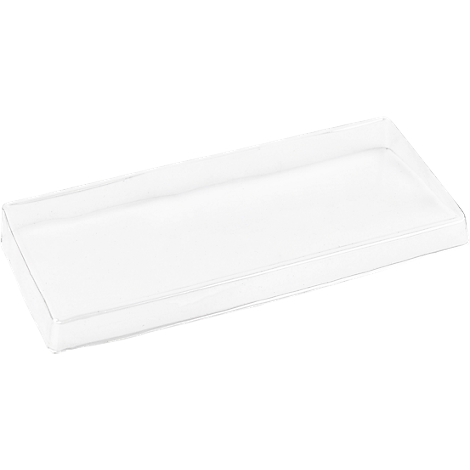 Plateau en plastique rectangulaire transparent avec des bords légèrement surélevés, photographié légèrement en biais du haut.