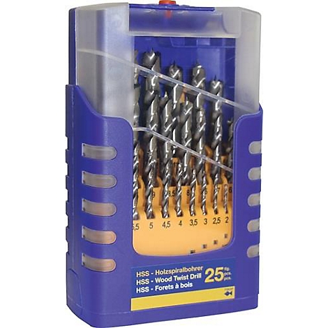 Set boren in een blauwe en gele plastic doos, inclusief maatindicaties. Tekst luidt: Wood Twist Drill.