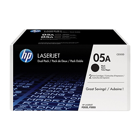 Auf einer weißen Verpackung, HP LaserJet 05A Kartuschen mit einem Luftfahrttafel-Hintergrund. Schwarz-Tinte, Dual Pack.