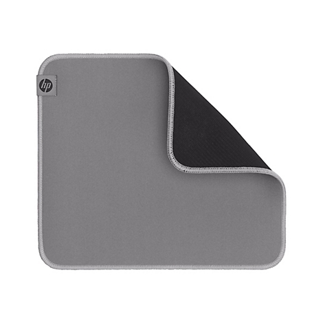 Graues HP-Mauspad mit abgerundeten Ecken und weißem Saum. Schwarze Unterseite sichtbar. HP-Logo in der oberen Ecke.