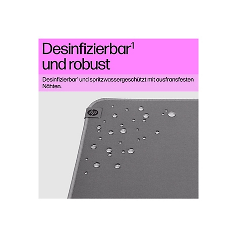 Graue Tischauflage mit Wassertropfen. Pinker Balken mit Text: Desinfizierbar und robust. Logo HP.