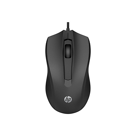 Schwarze, kabelgebundene HP Computermaus in der Draufsicht auf weißem Hintergrund.