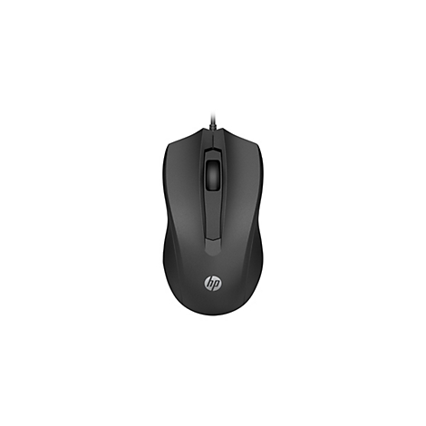 Schwarze, kabelgebundene HP-Computermaus in der Draufsicht auf weißem Hintergrund.