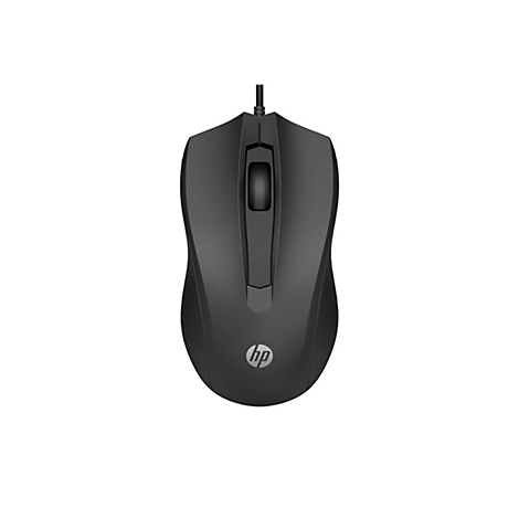 Schwarze kabelgebundene HP Computermaus in der Draufsicht vor weißem Hintergrund.