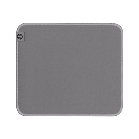 Graues HP-Mauspad mit HP-Logo, rechteckig mit abgerundeten Ecken, weißer Naht.