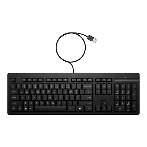 Schwarze HP Tastatur mit USB-Kabel vor neutralem Hintergrund.