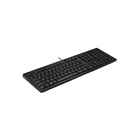 Schwarze, kabelgebundene HP-Tastatur in Perspektive auf weißem Hintergrund.