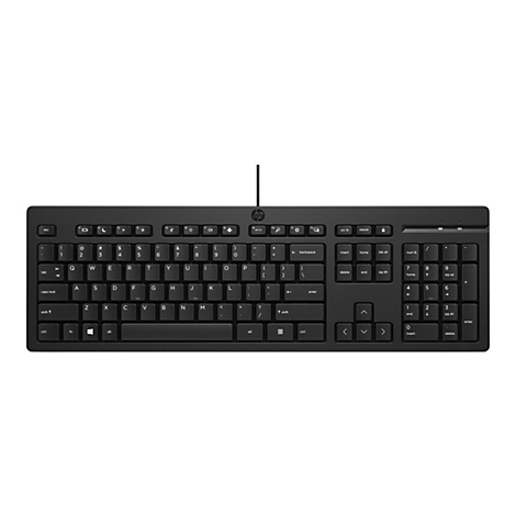 Schwarze HP-Tastatur mit Kabel, von oben gesehen. Buchstaben, Zahlen und Sonderzeichen sind auf den Tasten deutlich erkennbar.