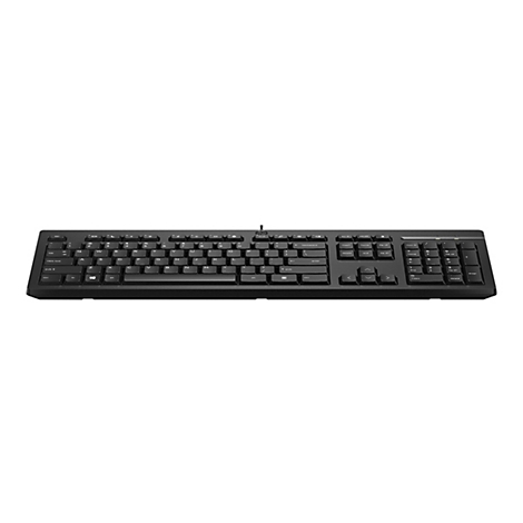 Schwarze Computer-Tastatur mit Tasten in QWERTZ-Layout, vor weißem Hintergrund.